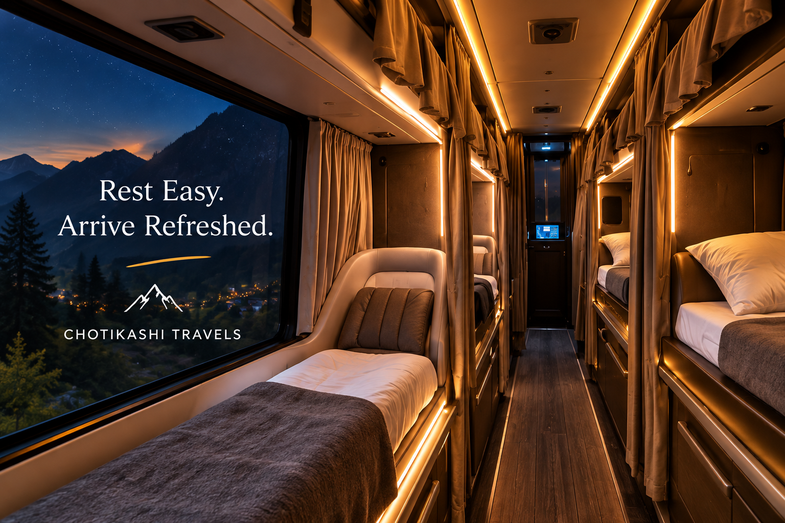 Comfortable overnight sleeper bus interior with private berths